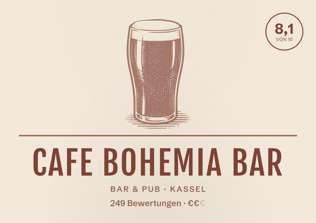 Illustriertes Poster von Cafe Bohemia Bar, Bar & Pub in Kassel: Bewertung 8,1 von 10 aus 249 Bewertungen, Preisniveau €€