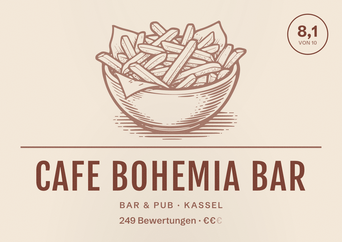 Illustriertes Poster von Cafe Bohemia Bar, Bar & Pub in Kassel: Bewertung 8,1 von 10 aus 249 Bewertungen, Preisniveau €€