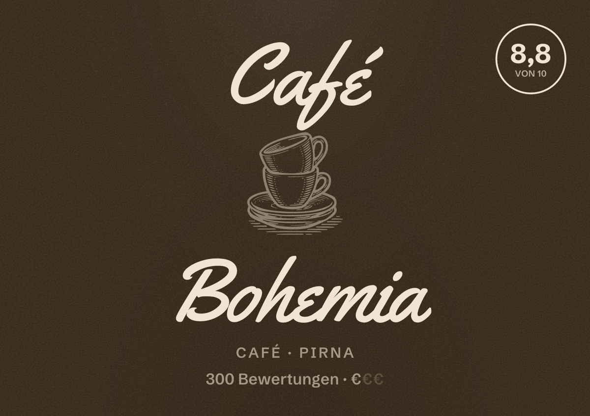 Illustriertes Poster von Café Bohemia, Café in Pirna: Bewertung 8,8 von 10 aus 300 Bewertungen, Preisniveau €