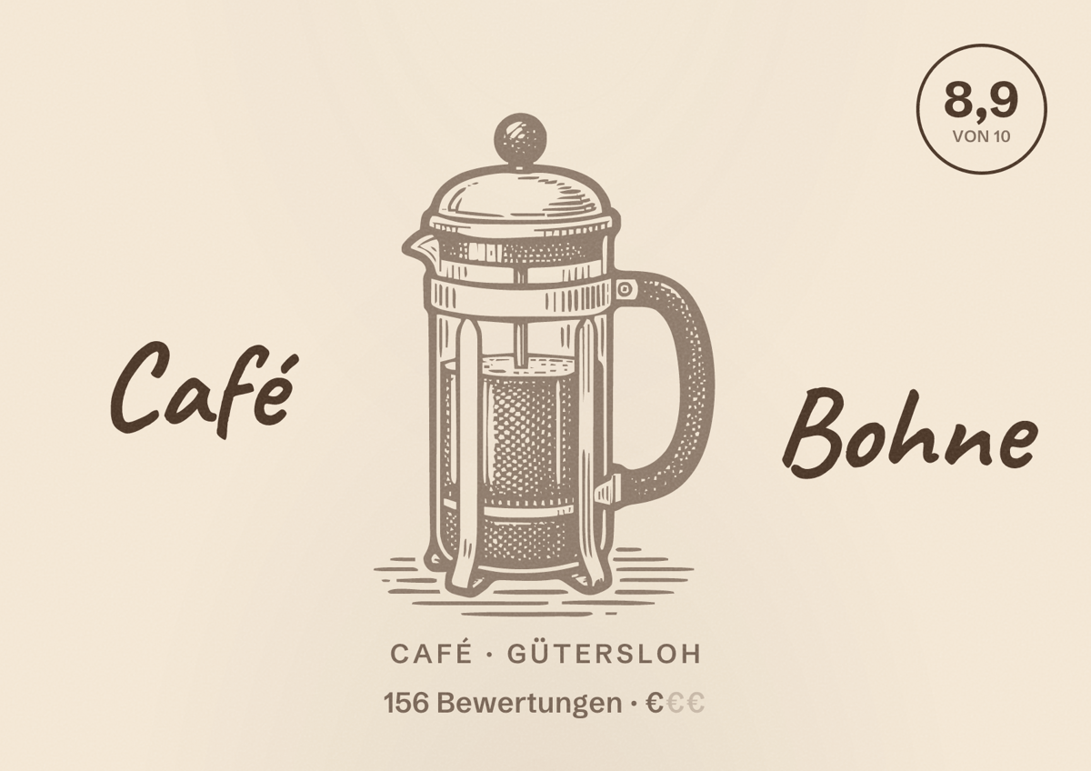Illustriertes Poster von Café Bohne, Café in Gütersloh: Bewertung 8,9 von 10 aus 156 Bewertungen, Preisniveau €