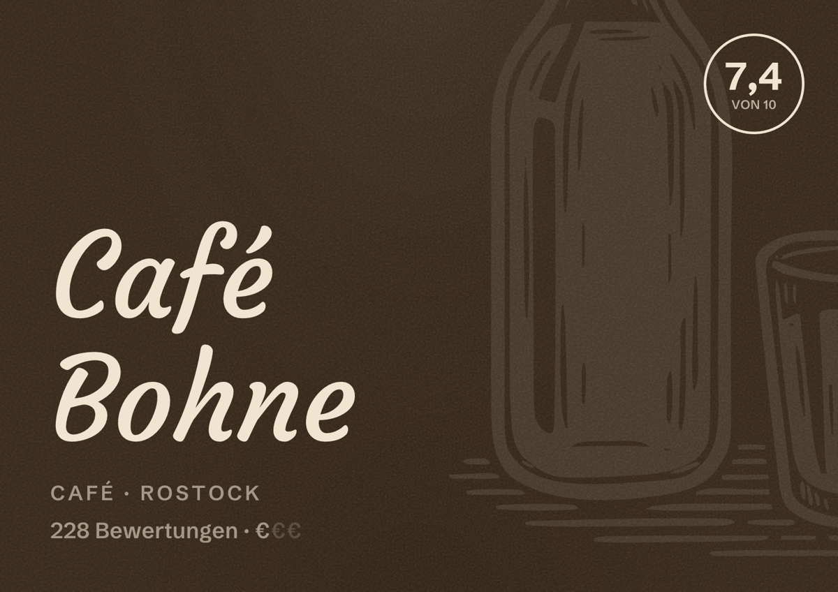 Illustriertes Poster von Café Bohne, Café in Rostock: Bewertung 7,4 von 10 aus 228 Bewertungen, Preisniveau €
