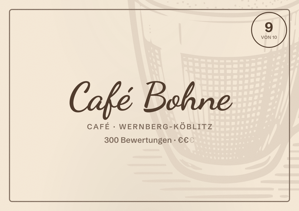 Illustriertes Poster von Café Bohne, Café in Wernberg-Köblitz: Bewertung 9 von 10 aus 300 Bewertungen, Preisniveau €€