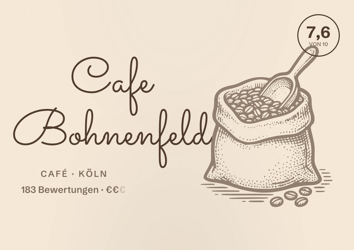 Illustriertes Poster von Cafe Bohnenfeld, Café in Köln: Bewertung 7,6 von 10 aus 183 Bewertungen, Preisniveau €€