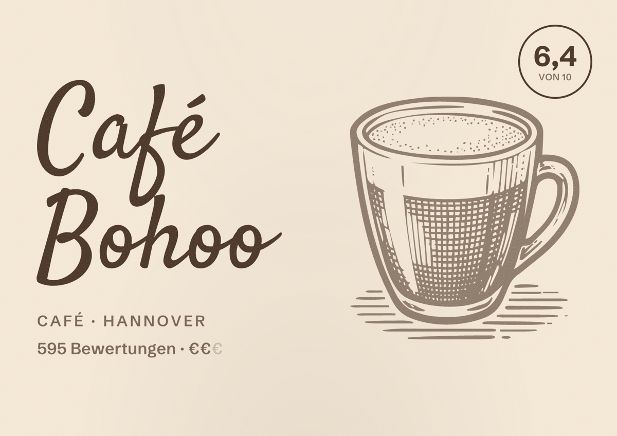 Illustriertes Poster von Café Bohoo, Café in Hannover: Bewertung 6,4 von 10 aus 595 Bewertungen, Preisniveau €€