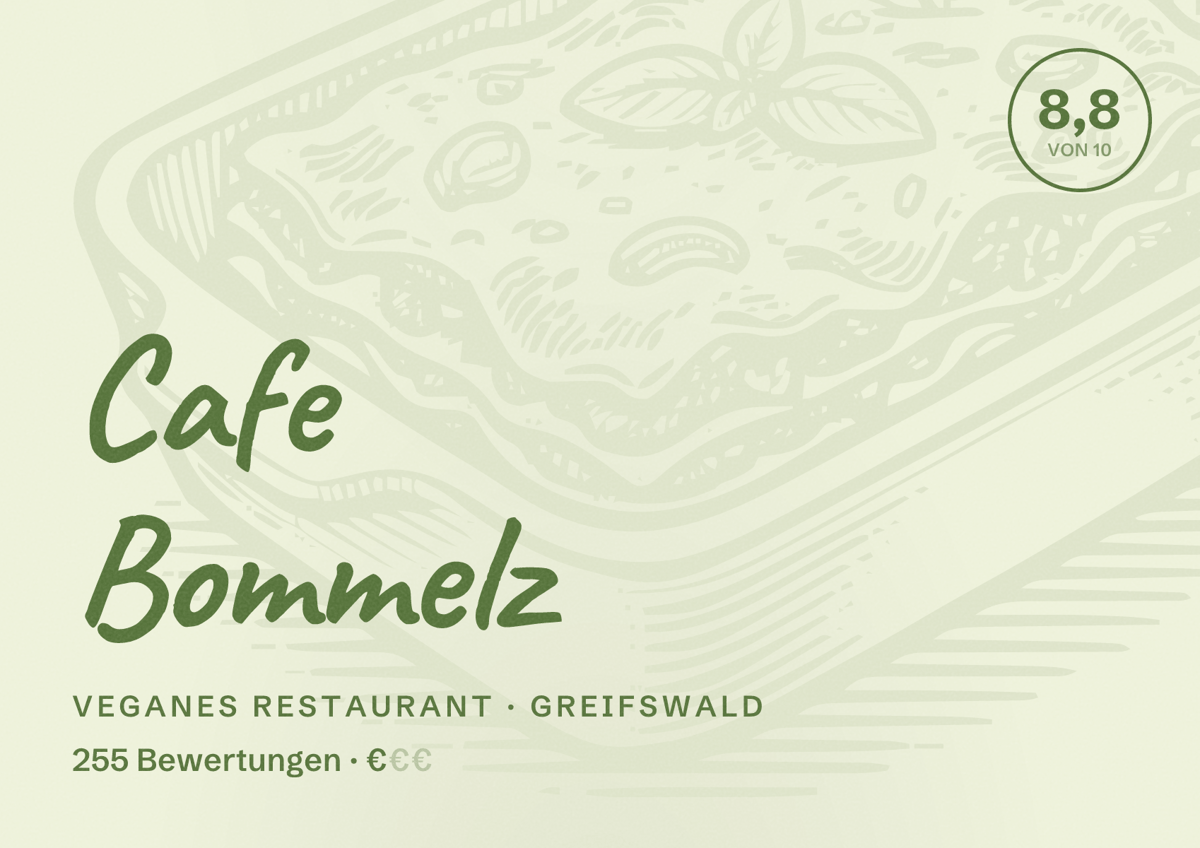 Illustriertes Poster von Cafe Bommelz, Veganes Restaurant in Greifswald: Bewertung 8,8 von 10 aus 255 Bewertungen, Preisniveau €