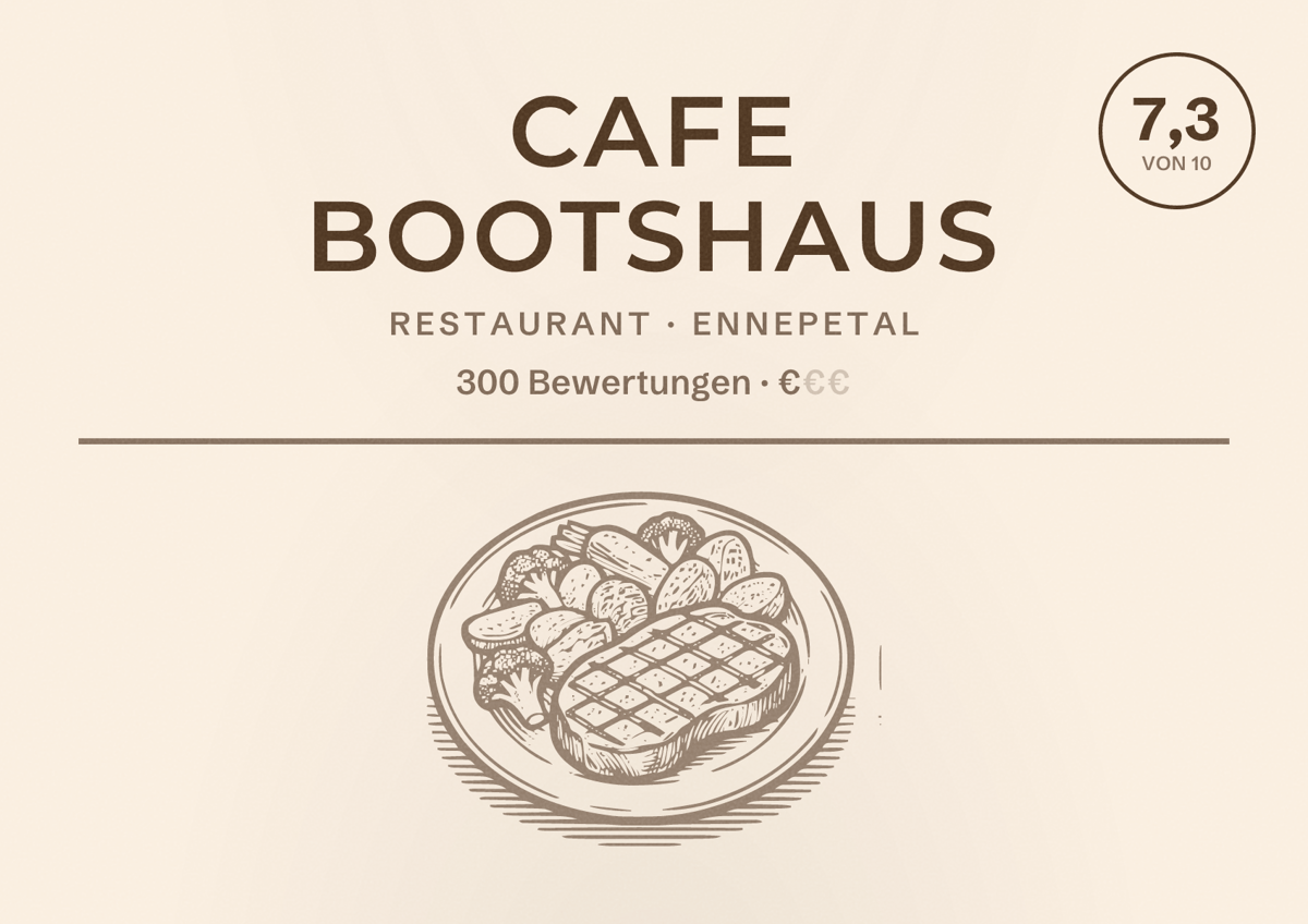 Illustriertes Poster von Cafe Bootshaus, Restaurant in Ennepetal: Bewertung 7,3 von 10 aus 300 Bewertungen, Preisniveau €