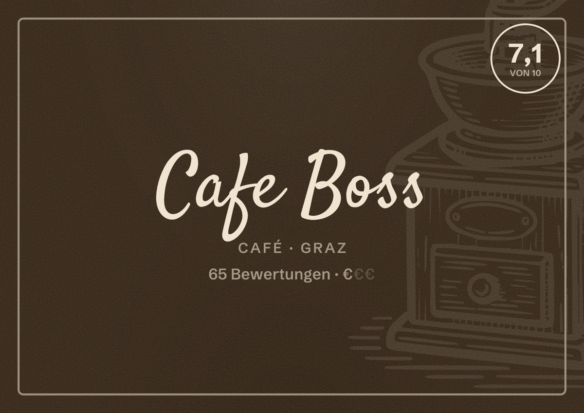 Illustriertes Poster von Cafe Boss, Café in Graz: Bewertung 7,1 von 10 aus 65 Bewertungen, Preisniveau €