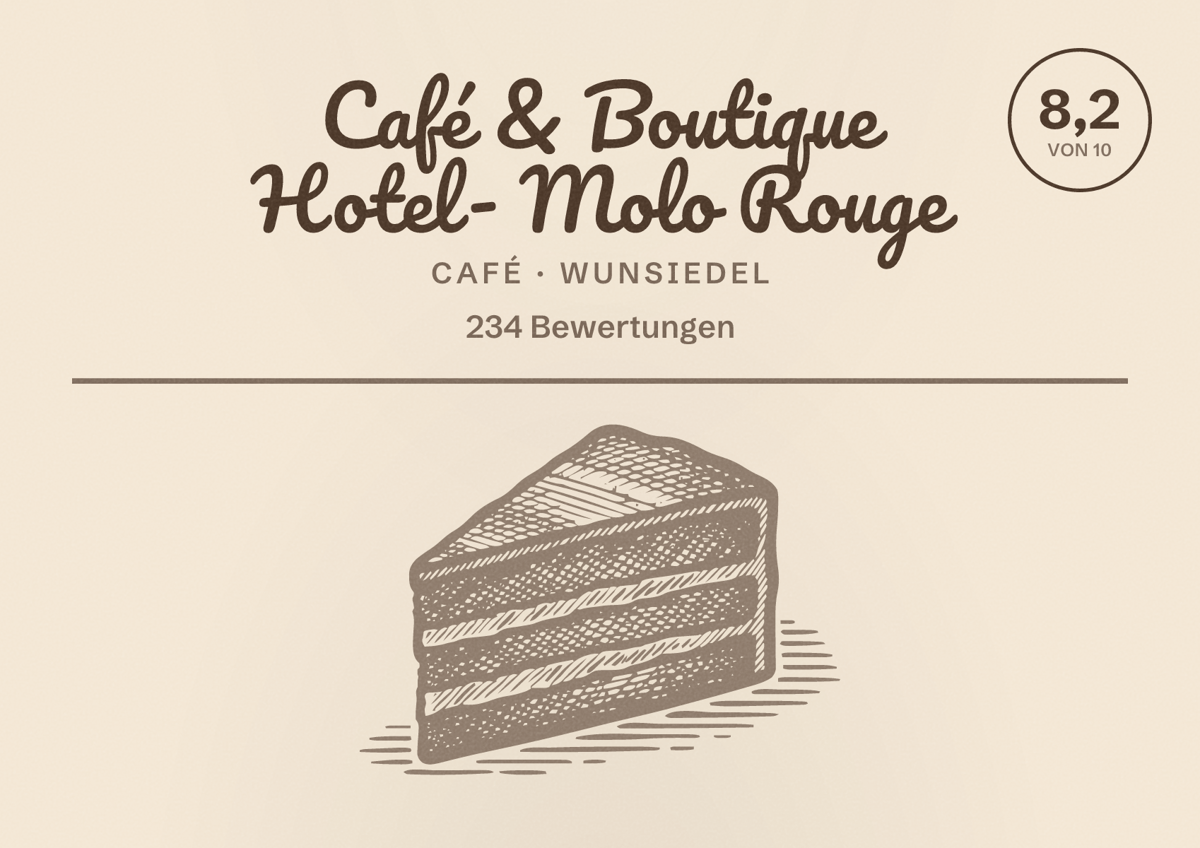 Illustriertes Poster von Café & Boutique Hotel - Molo Rouge, Café in Wunsiedel: Bewertung 8,2 von 10 aus 234 Bewertungen