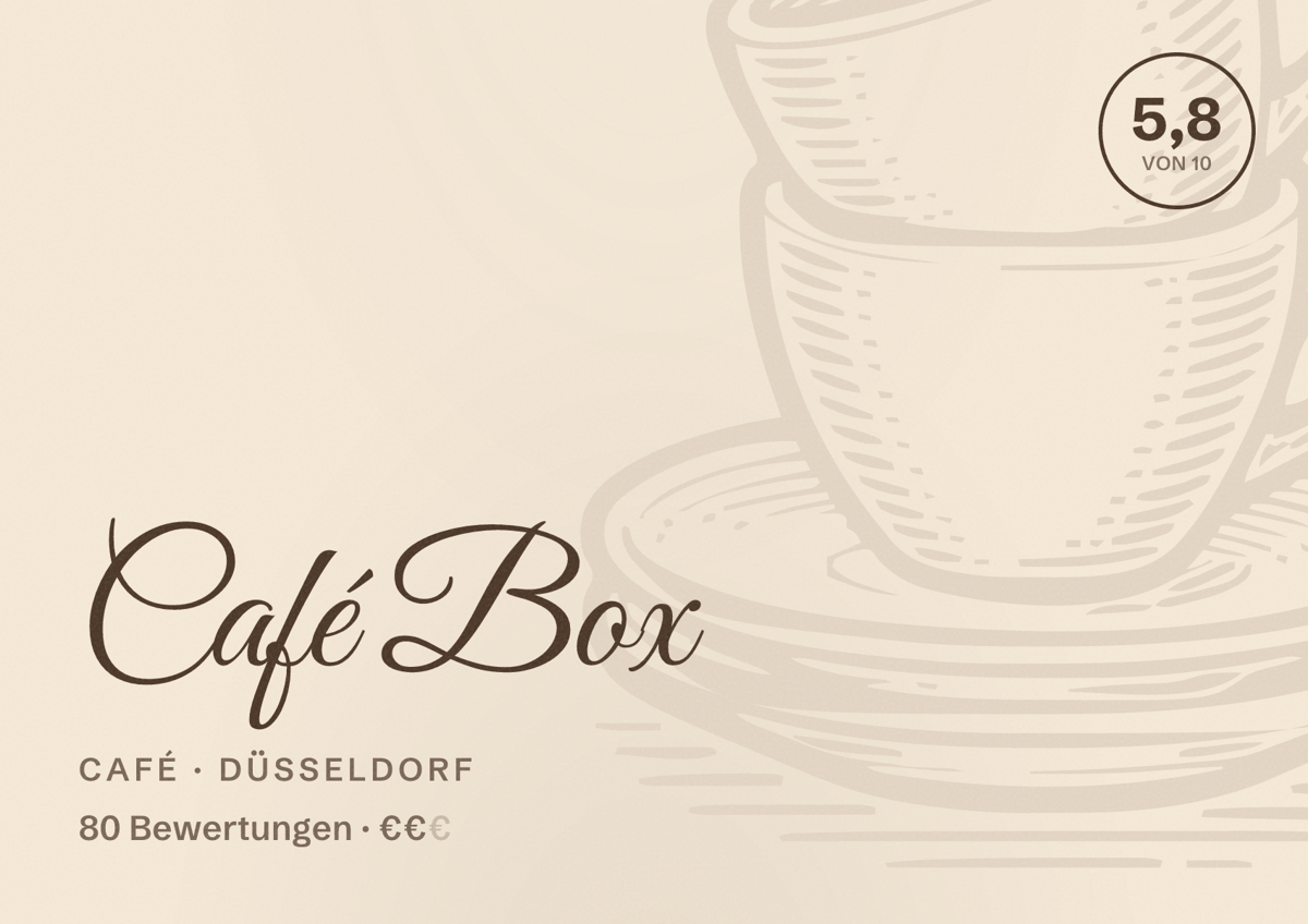 Illustriertes Poster von Café Box, Café in Düsseldorf: Bewertung 5,8 von 10 aus 80 Bewertungen, Preisniveau €€