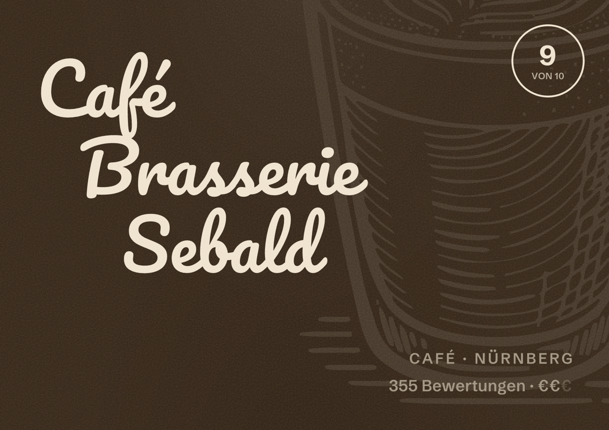 Illustriertes Poster von Café Brasserie Sebald, Café in Nürnberg: Bewertung 9,0 von 10 aus 355 Bewertungen, Preisniveau €€