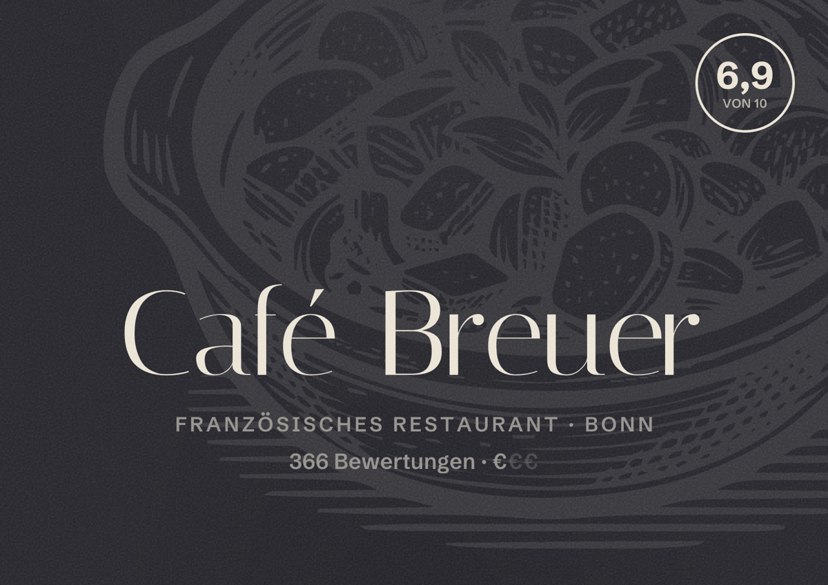 Illustriertes Poster von Café Breuer, Französisches Restaurant in Bonn: Bewertung 6,9 von 10 aus 366 Bewertungen, Preisniveau €