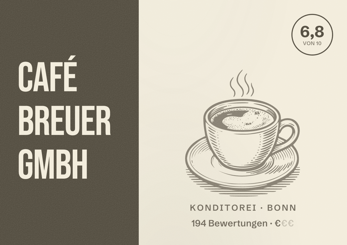Illustriertes Poster von Café Breuer GmbH, Konditorei in Bonn: Bewertung 6,8 von 10 aus 194 Bewertungen, Preisniveau €
