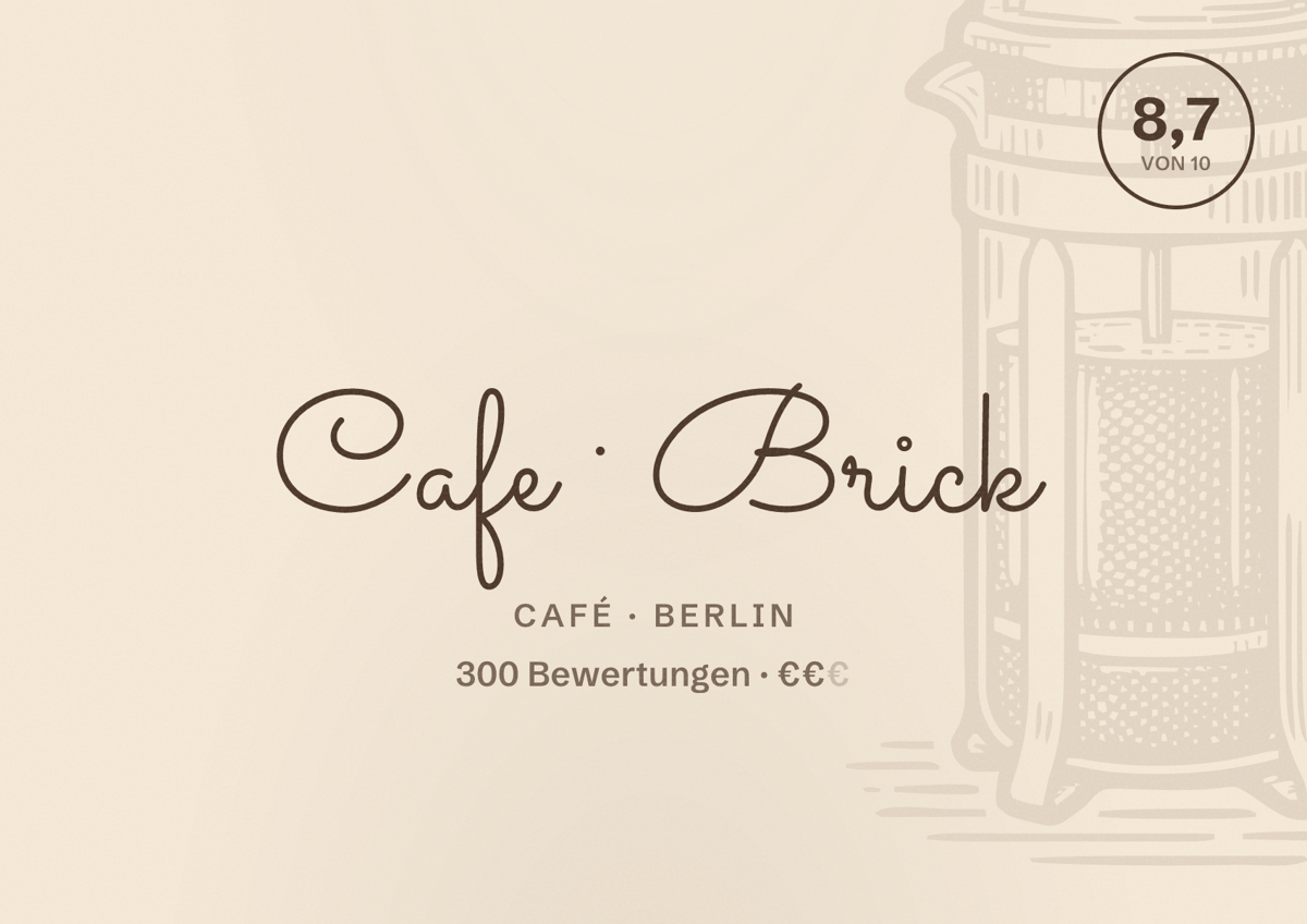 Illustriertes Poster von Cafe Brick, Café in Berlin: Bewertung 8,7 von 10 aus 300 Bewertungen, Preisniveau €€