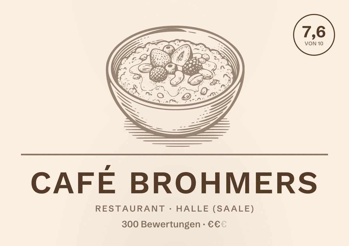 Illustriertes Poster von Café Brohmers, Restaurant in Halle (Saale): Bewertung 7,6 von 10 aus 300 Bewertungen, Preisniveau €€