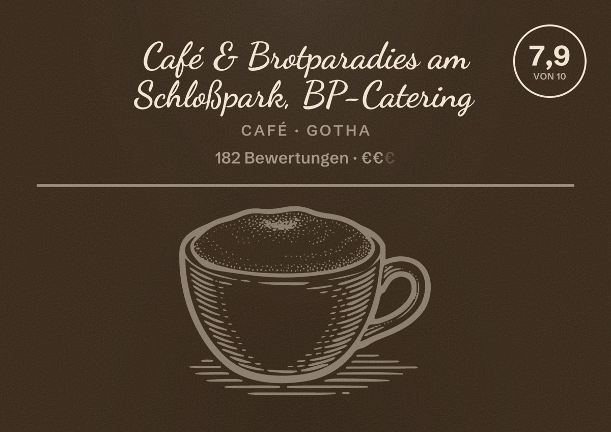 Illustriertes Poster von Café & Brotparadies am Schloßpark, BP-Catering, Café in Gotha: Bewertung 7,9 von 10 aus 182 Bewertungen, Preisniveau €€