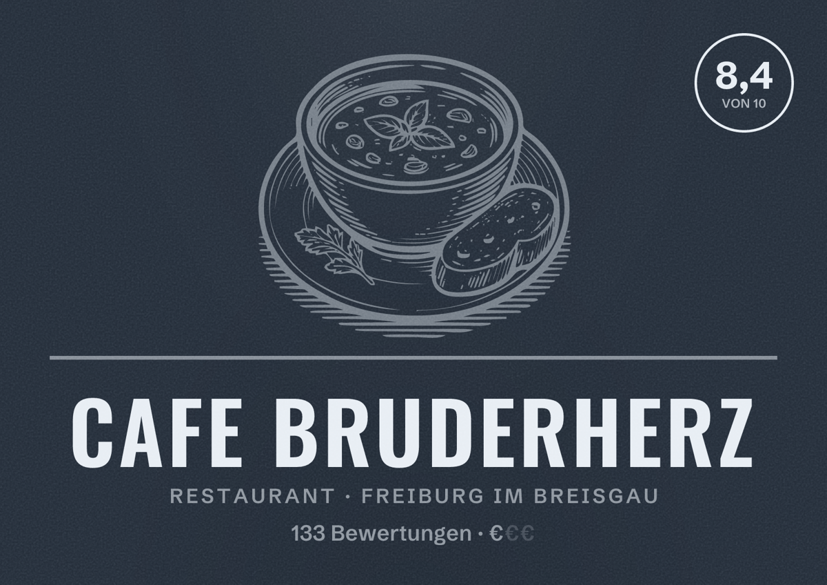Illustriertes Poster von Cafe Bruderherz, Restaurant in Freiburg im Breisgau: Bewertung 8,4 von 10 aus 133 Bewertungen, Preisniveau €