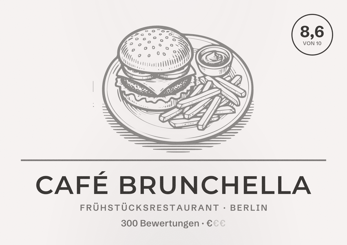 Illustriertes Poster von Café Brunchella, Frühstücksrestaurant in Berlin: Bewertung 8,6 von 10 aus 300 Bewertungen, Preisniveau €
