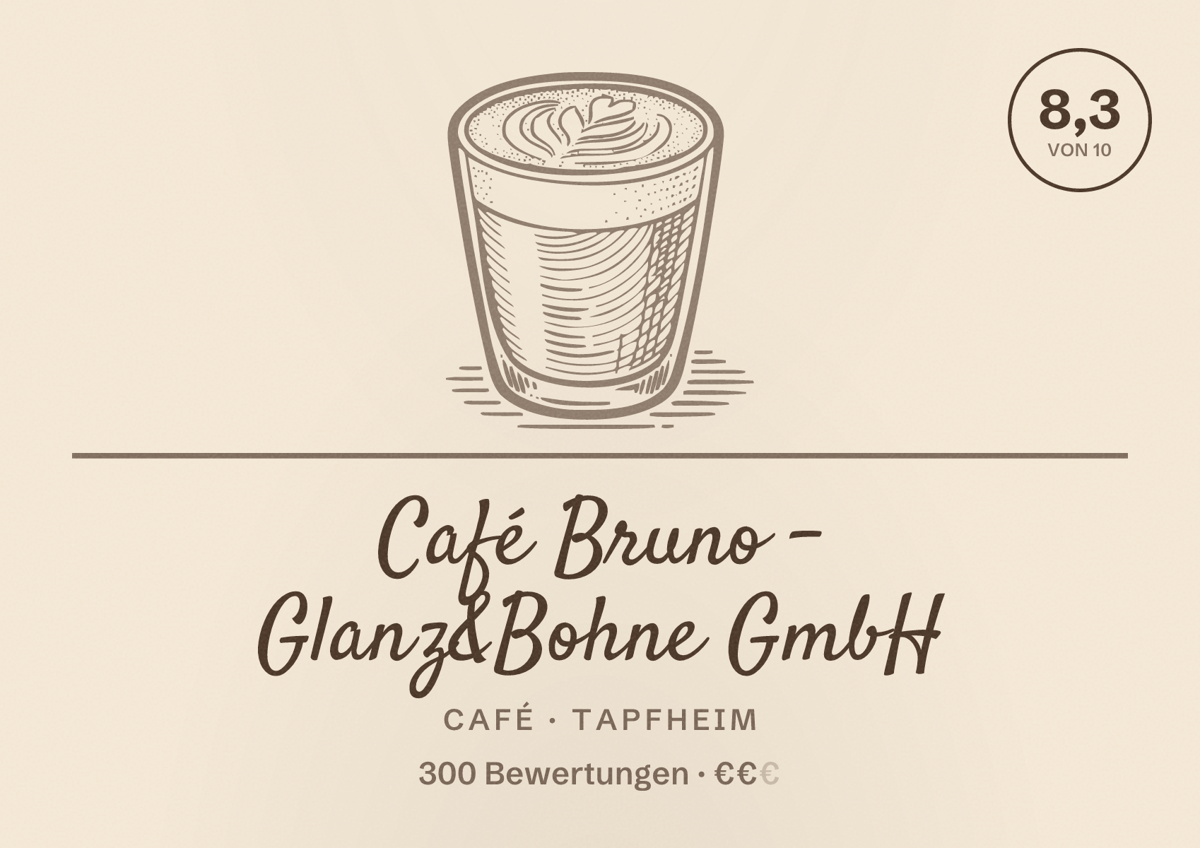 Illustriertes Poster von Café Bruno - Glanz&Bohne GmbH, Café in Tapfheim: Bewertung 8,3 von 10 aus 300 Bewertungen, Preisniveau €€