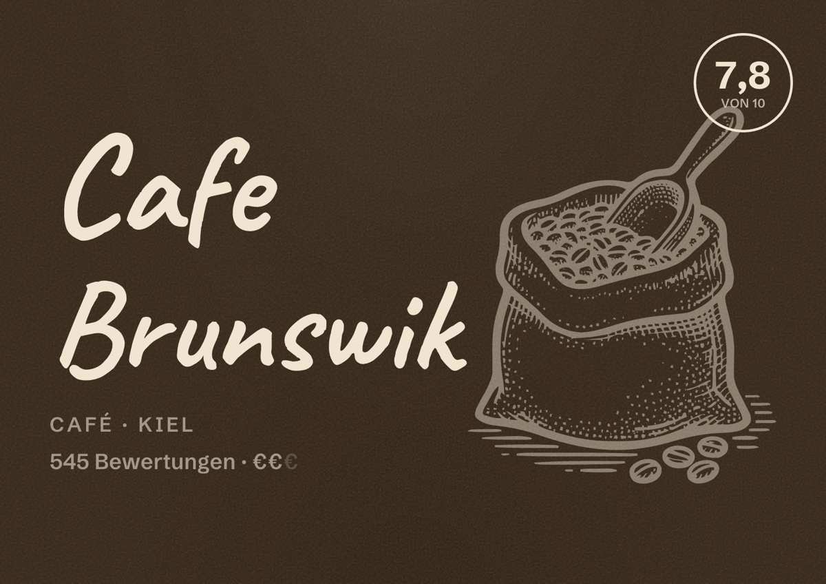 Illustriertes Poster von Cafe Brunswik, Café in Kiel: Bewertung 7,8 von 10 aus 545 Bewertungen, Preisniveau €€