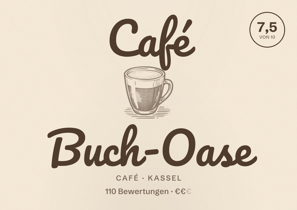 Illustriertes Poster von Café Buch-Oase, Café in Kassel: Bewertung 7,5 von 10 aus 110 Bewertungen, Preisniveau €€