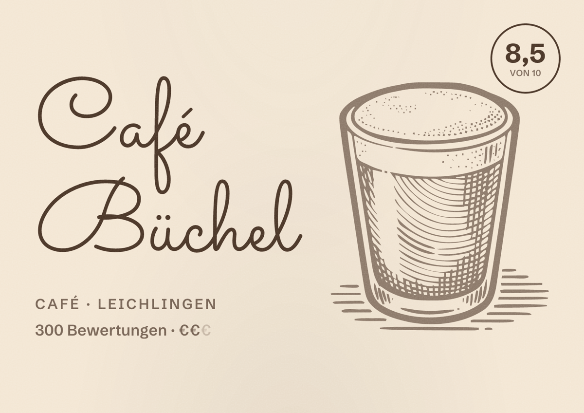 Illustriertes Poster von Café Büchel, Café in Leichlingen: Bewertung 8,5 von 10 aus 300 Bewertungen, Preisniveau €€
