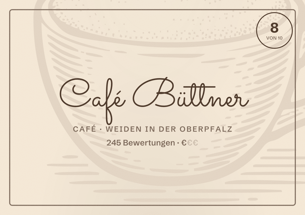Illustriertes Poster von Café Büttner, Café in Weiden in der Oberpfalz: Bewertung 8 von 10 aus 245 Bewertungen, Preisniveau €