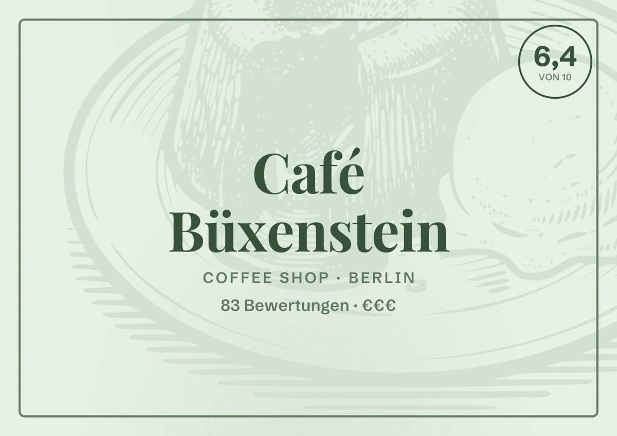 Illustriertes Poster von Café Büxenstein, Coffee Shop in Berlin: Bewertung 6,4 von 10 aus 83 Bewertungen, Preisniveau €€€