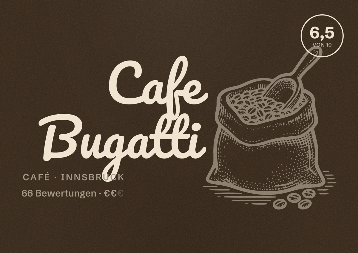 Illustriertes Poster von Cafe Bugatti, Café in Innsbruck: Bewertung 6,5 von 10 aus 66 Bewertungen, Preisniveau €€