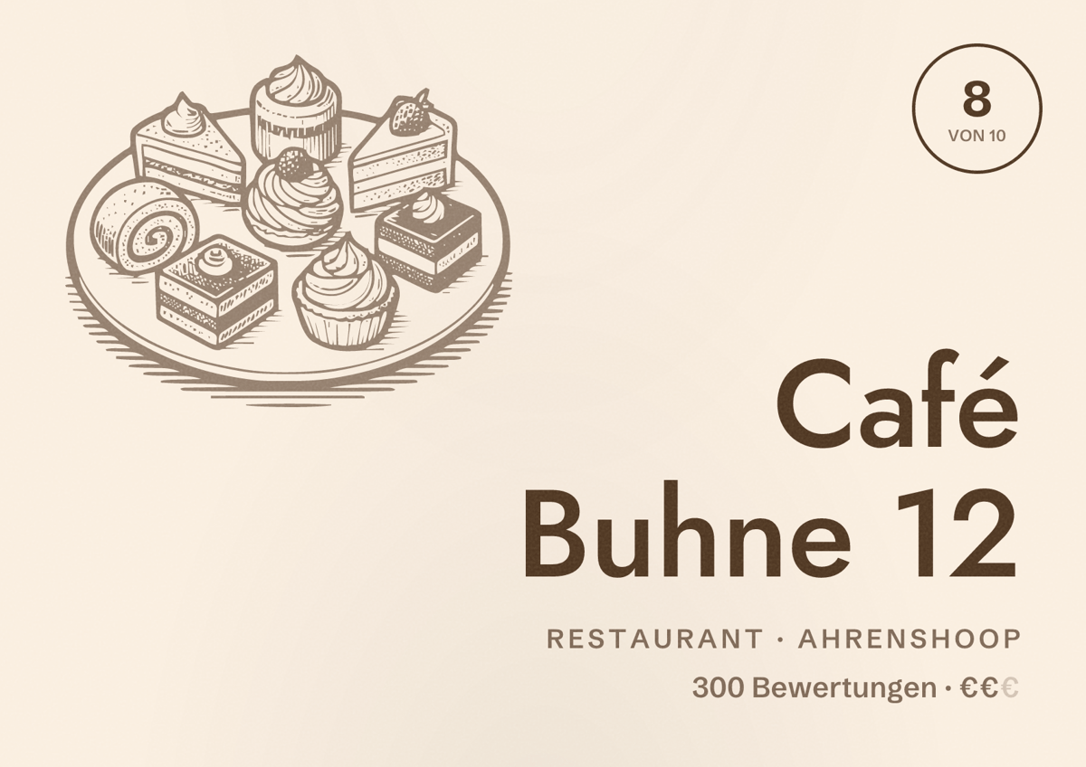 Illustriertes Poster von Café Buhne 12, Restaurant in Ahrenshoop: Bewertung 8 von 10 aus 300 Bewertungen, Preisniveau €€