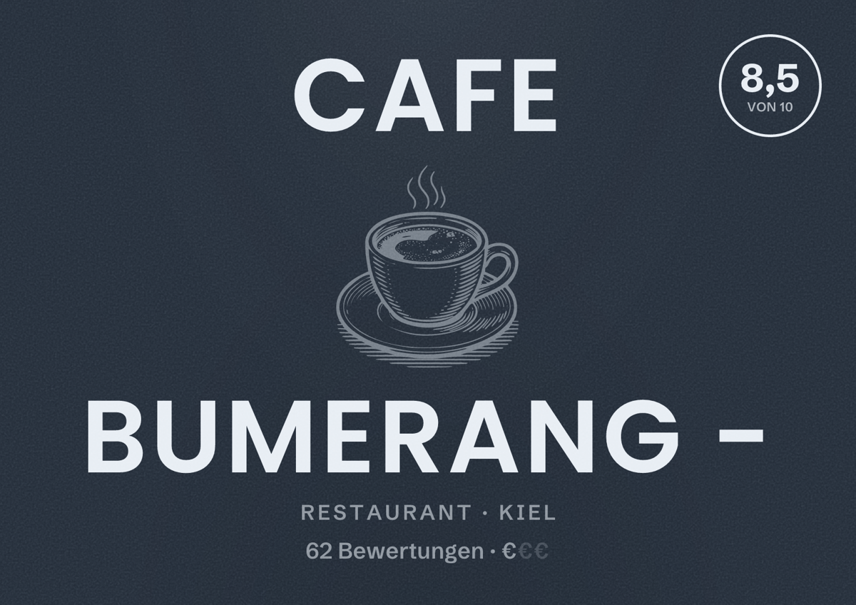 Illustriertes Poster von Cafe Bumerang -, Restaurant in Kiel: Bewertung 8,5 von 10 aus 62 Bewertungen, Preisniveau €