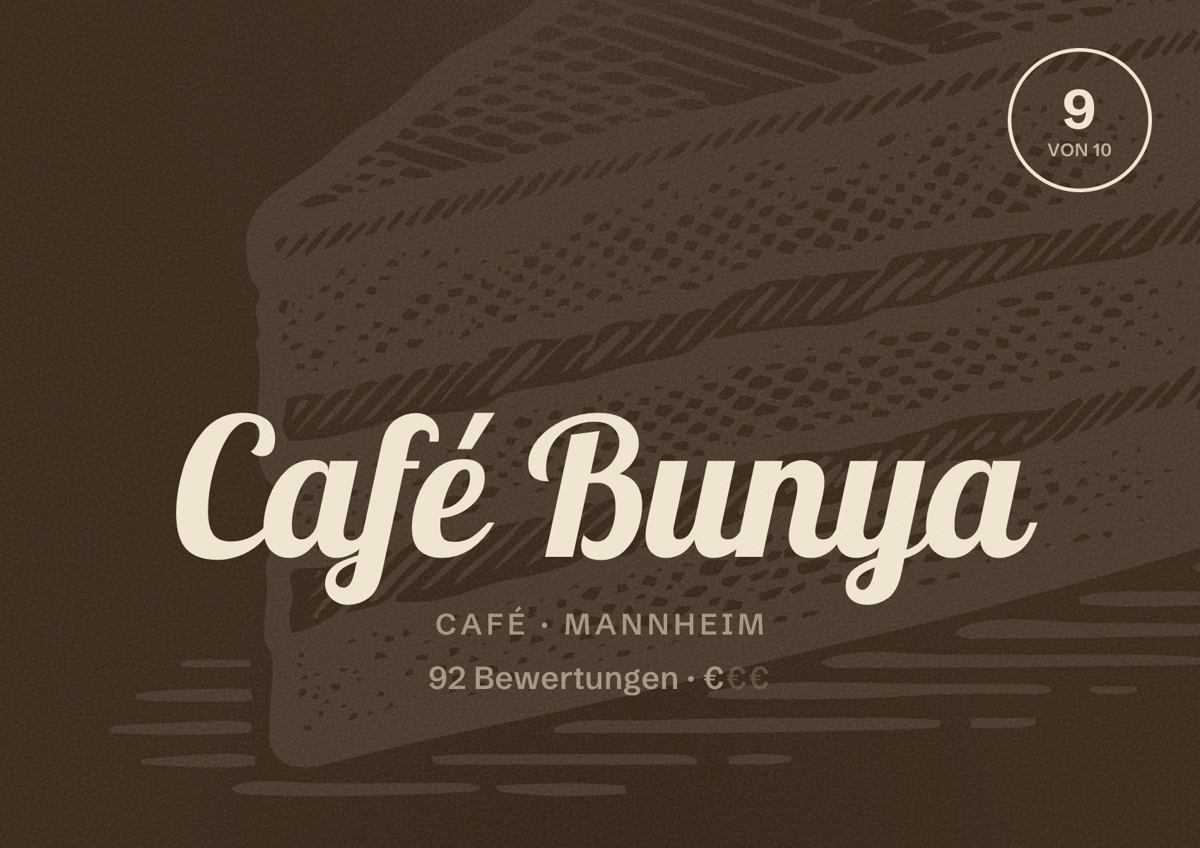 Illustriertes Poster von Café Bunya, Café in Mannheim: Bewertung 9 von 10 aus 92 Bewertungen, Preisniveau €