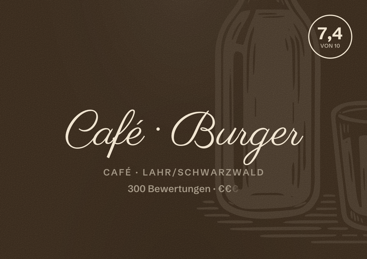 Illustriertes Poster von Café Burger, Café in Lahr/Schwarzwald: Bewertung 7,4 von 10 aus 300 Bewertungen, Preisniveau €€