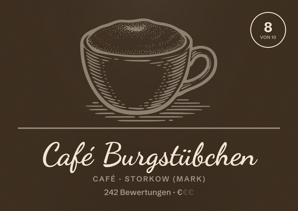 Illustriertes Poster von Café Burgstübchen, Café in Storkow (Mark): Bewertung 8 von 10 aus 242 Bewertungen, Preisniveau €