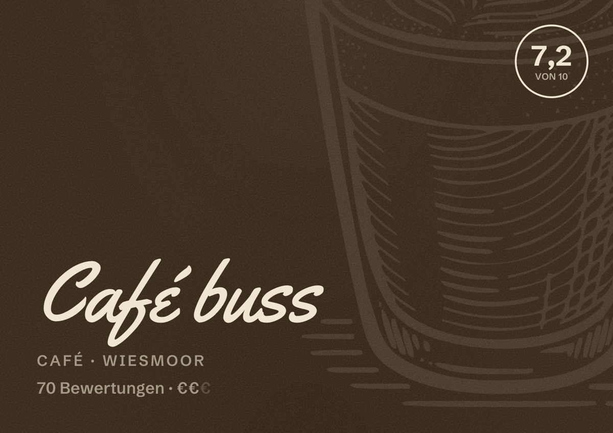 Illustriertes Poster von Café buss, Café in Wiesmoor: Bewertung 7,2 von 10 aus 70 Bewertungen, Preisniveau €€