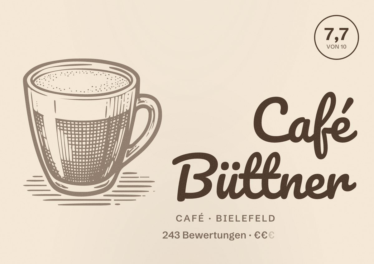 Illustriertes Poster von Café Büttner, Café in Bielefeld: Bewertung 7,7 von 10 aus 243 Bewertungen, Preisniveau €€