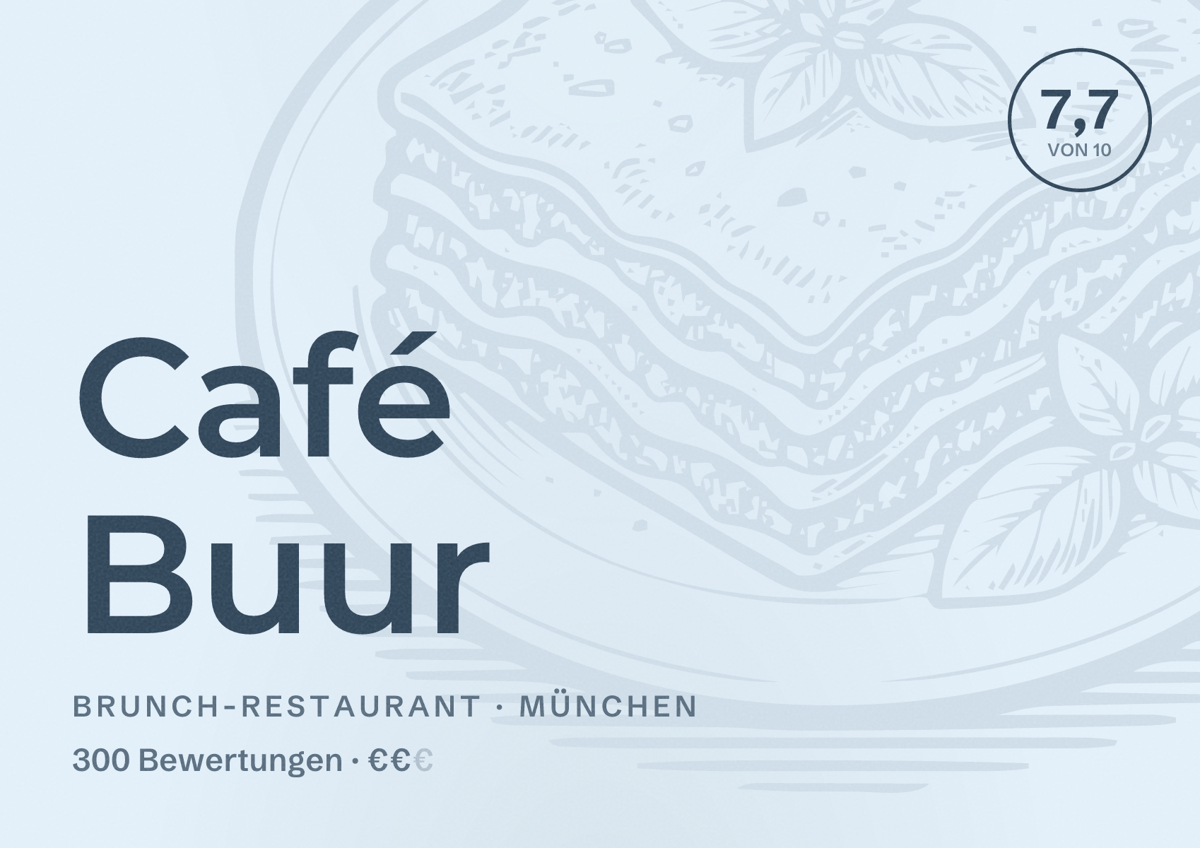 Illustriertes Poster von Café Buur, Brunch-Restaurant in München: Bewertung 7,7 von 10 aus 300 Bewertungen, Preisniveau €€