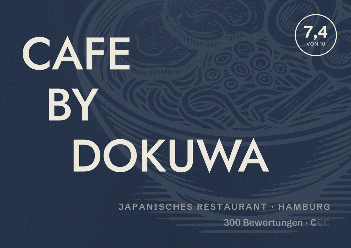 Illustriertes Poster von CAFE BY DOKUWA, Japanisches Restaurant in Hamburg: Bewertung 7,4 von 10 aus 300 Bewertungen, Preisniveau €