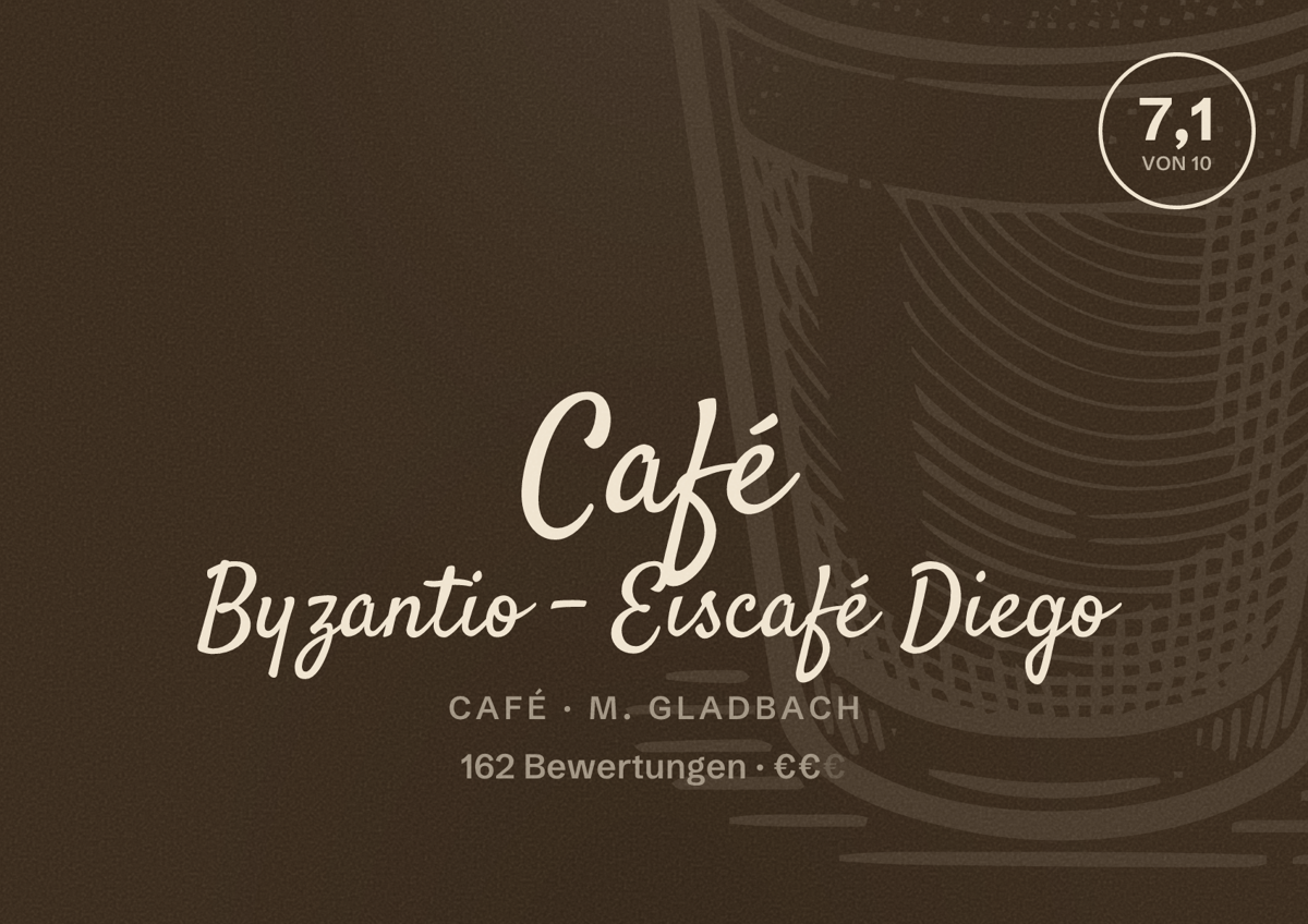 Illustriertes Poster von Café Byzantio - Eiscafé Diego, Café in M. Gladbach: Bewertung 7,1 von 10 aus 162 Bewertungen, Preisniveau €€