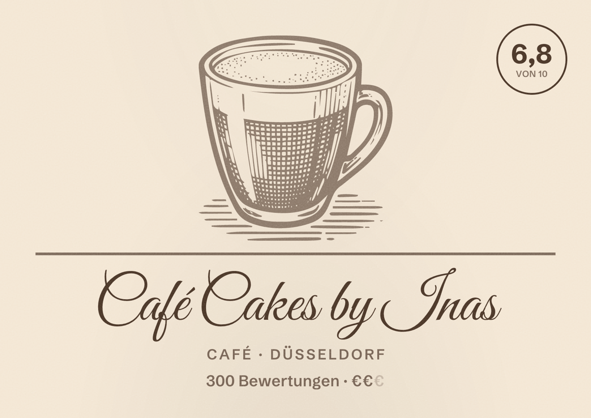 Illustriertes Poster von Café Cakes by Inas, Café in Düsseldorf: Bewertung 6,8 von 10 aus 300 Bewertungen, Preisniveau €€