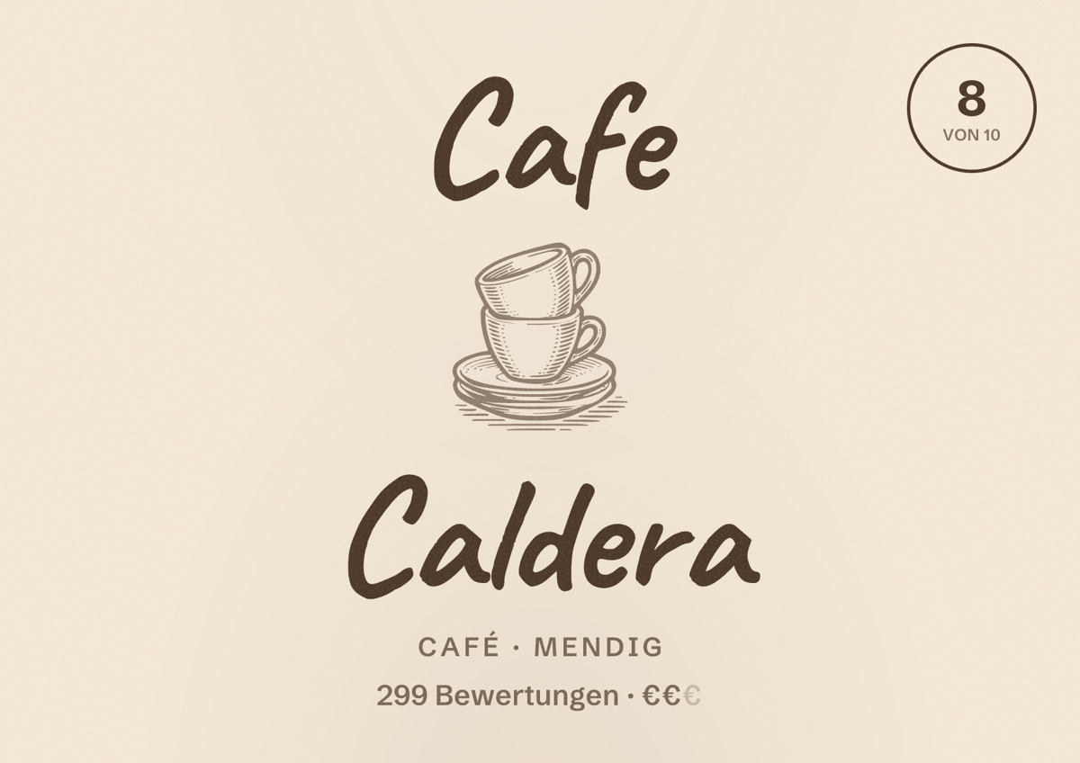 Illustriertes Poster von Cafe Caldera, Café in Mendig: Bewertung 8 von 10 aus 299 Bewertungen, Preisniveau €€