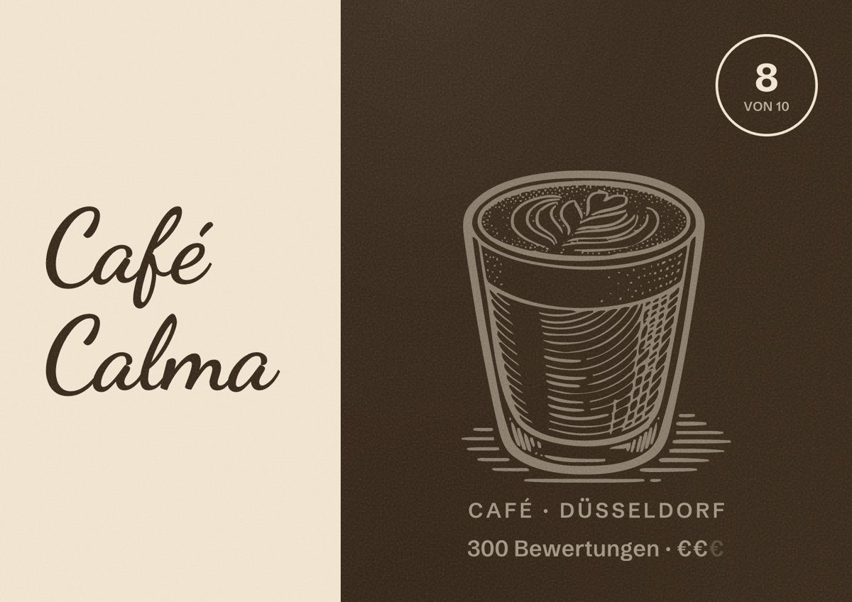 Illustriertes Poster von Café Calma, Café in Düsseldorf: Bewertung 8 von 10 aus 300 Bewertungen, Preisniveau €€
