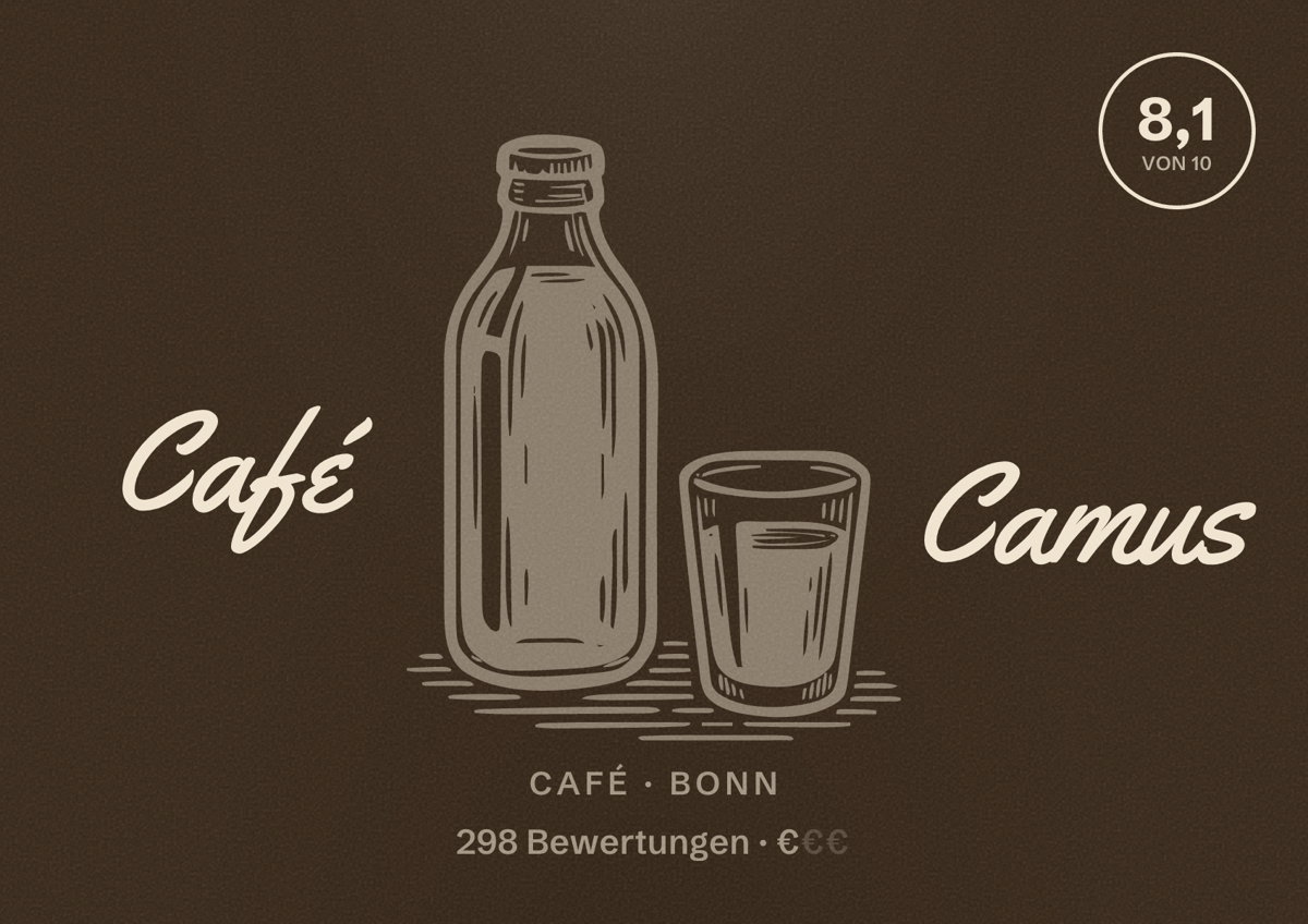 Illustriertes Poster von Café Camus, Café in Bonn: Bewertung 8,1 von 10 aus 298 Bewertungen, Preisniveau €