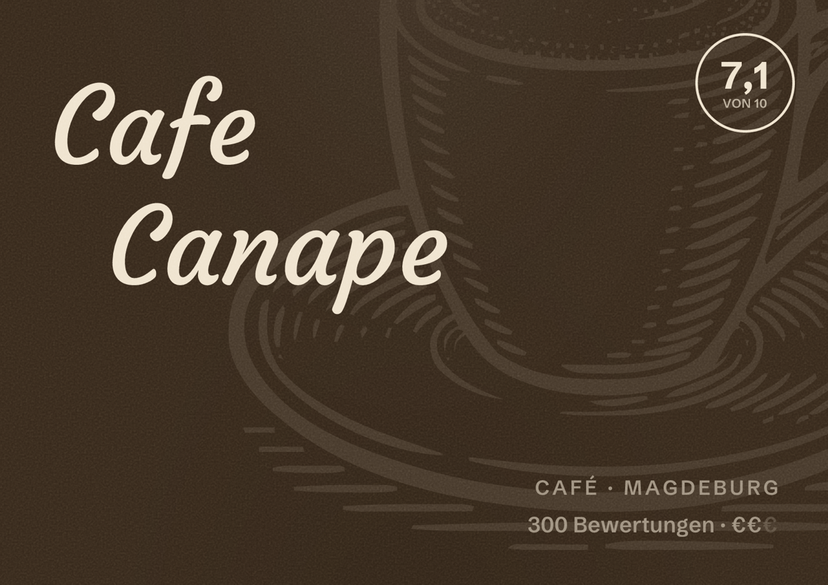 Illustriertes Poster von Cafe Canape, Café in Magdeburg: Bewertung 7,1 von 10 aus 300 Bewertungen, Preisniveau €€