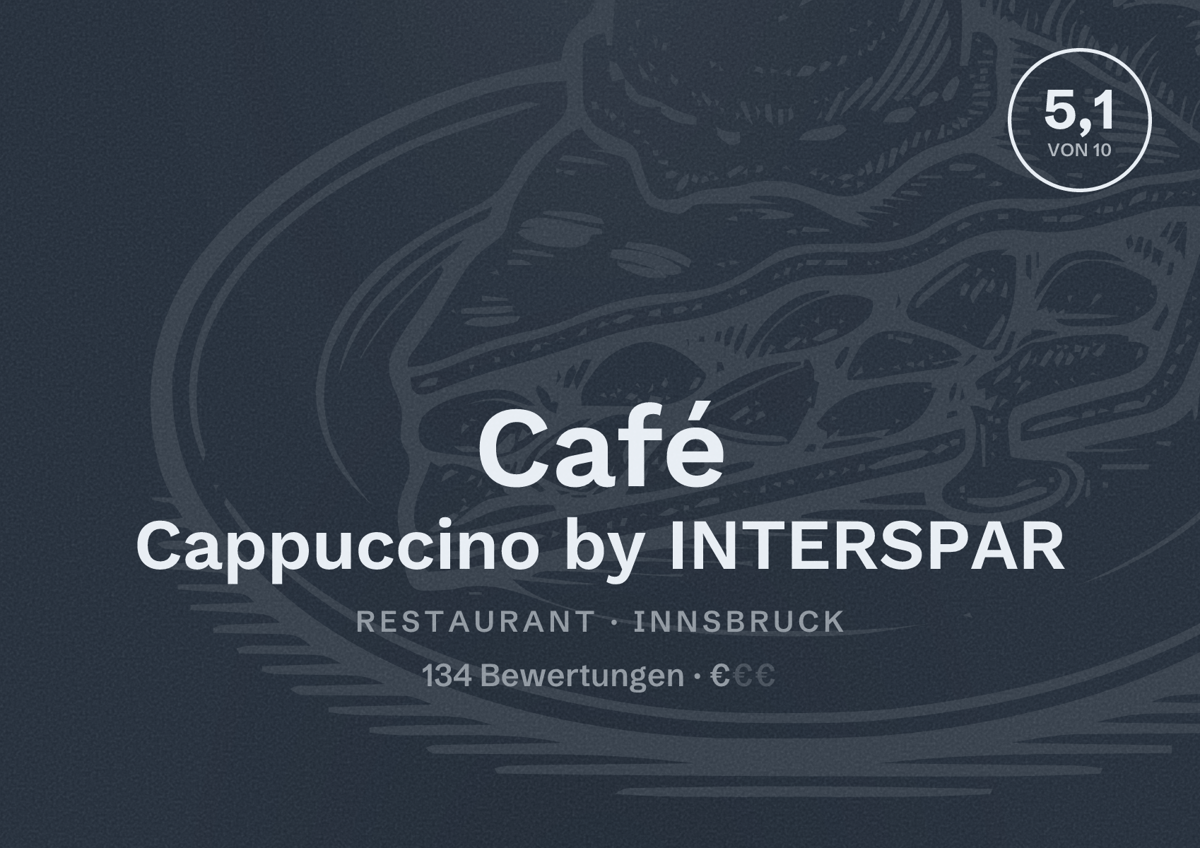 Illustriertes Poster von Café Cappuccino by INTERSPAR, Restaurant in Innsbruck: Bewertung 5,1 von 10 aus 134 Bewertungen, Preisniveau €