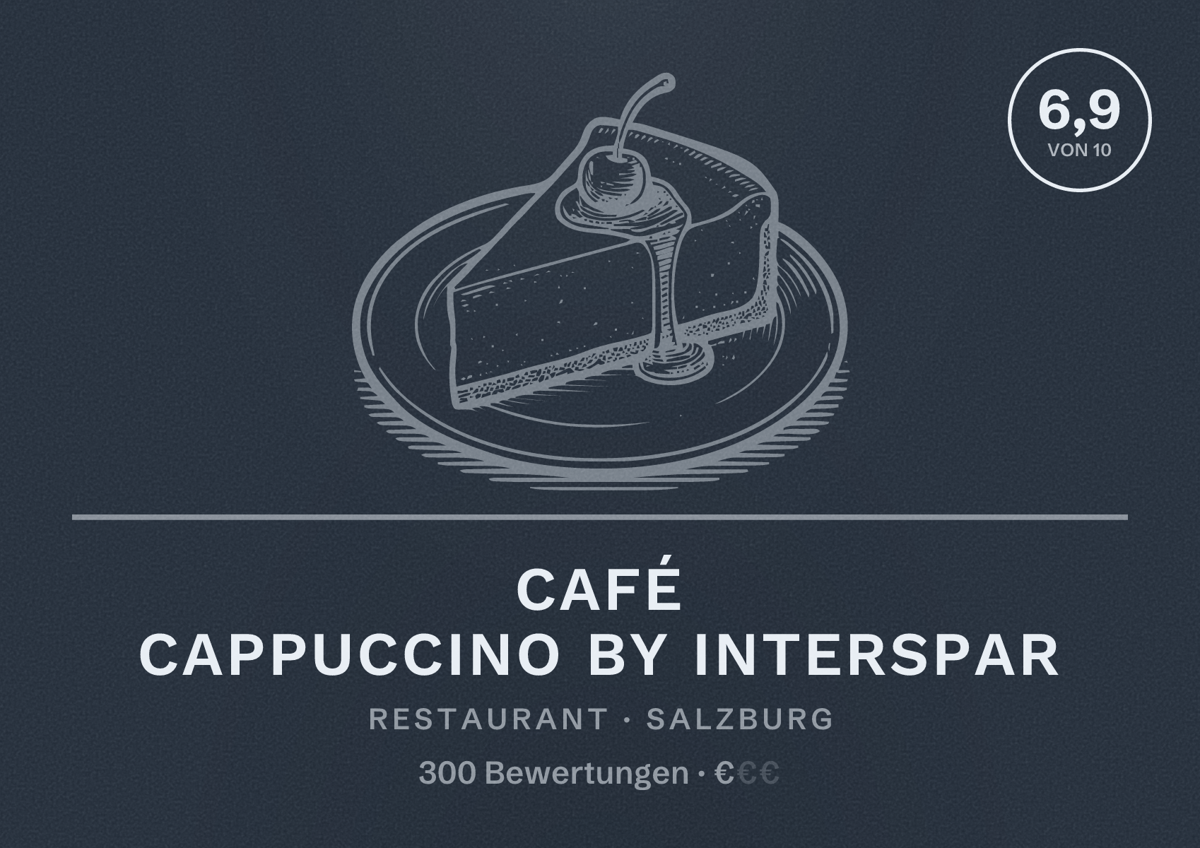 Illustriertes Poster von Café Cappuccino by INTERSPAR, Restaurant in Salzburg: Bewertung 6,9 von 10 aus 300 Bewertungen, Preisniveau €