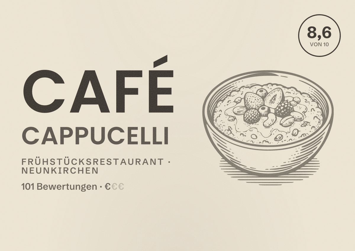 Illustriertes Poster von Café Cappucelli, Frühstücksrestaurant in Neunkirchen: Bewertung 8,6 von 10 aus 101 Bewertungen, Preisniveau €