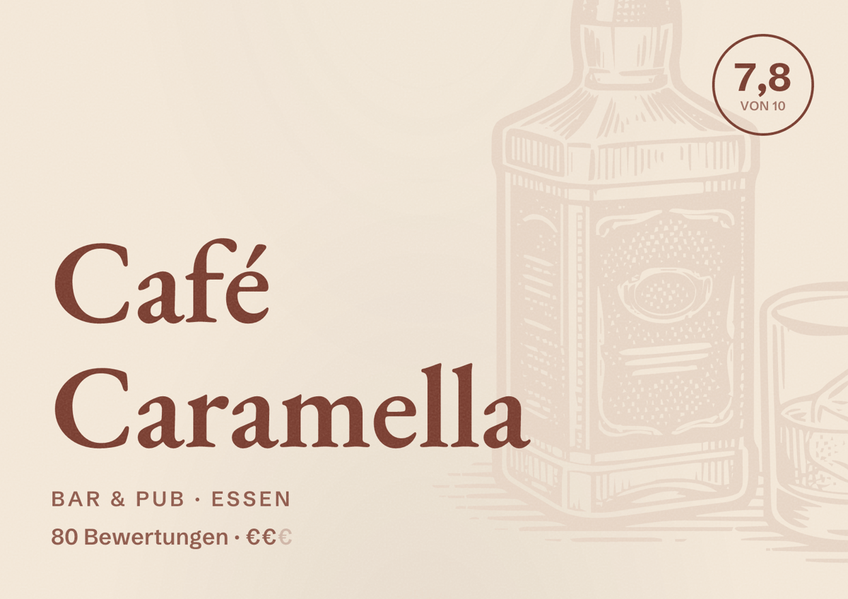Illustriertes Poster von Café Caramella, Bar & Pub in Essen: Bewertung 7,3 von 10 aus 87 Bewertungen, Preisniveau €