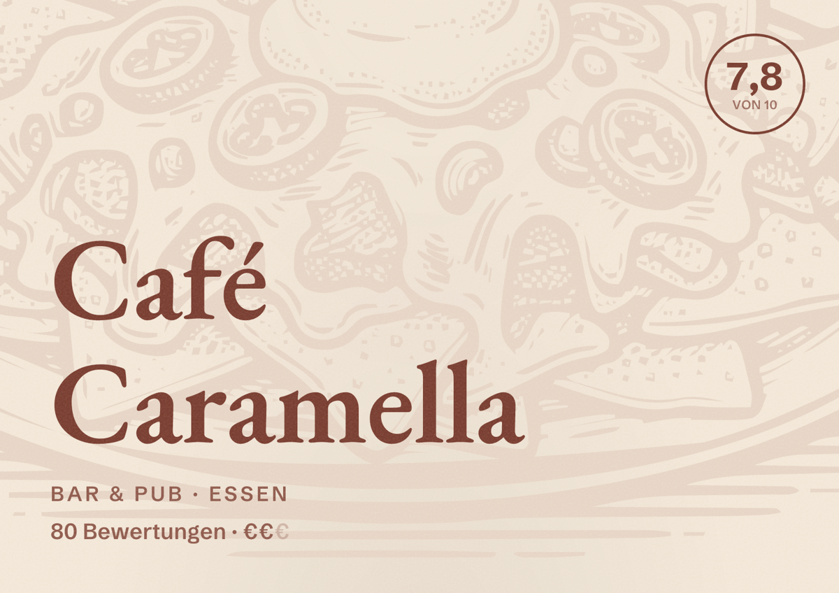 Illustriertes Poster von Café Caramella, Bar & Pub in Essen: Bewertung 7,8 von 10 aus 80 Bewertungen, Preisniveau €€