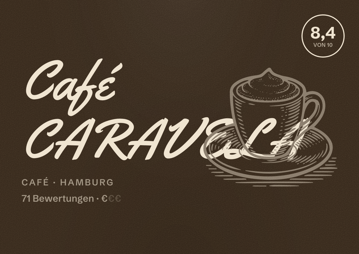 Illustriertes Poster von Café CARAVELA, Café in Hamburg: Bewertung 8,4 von 10 aus 71 Bewertungen, Preisniveau €