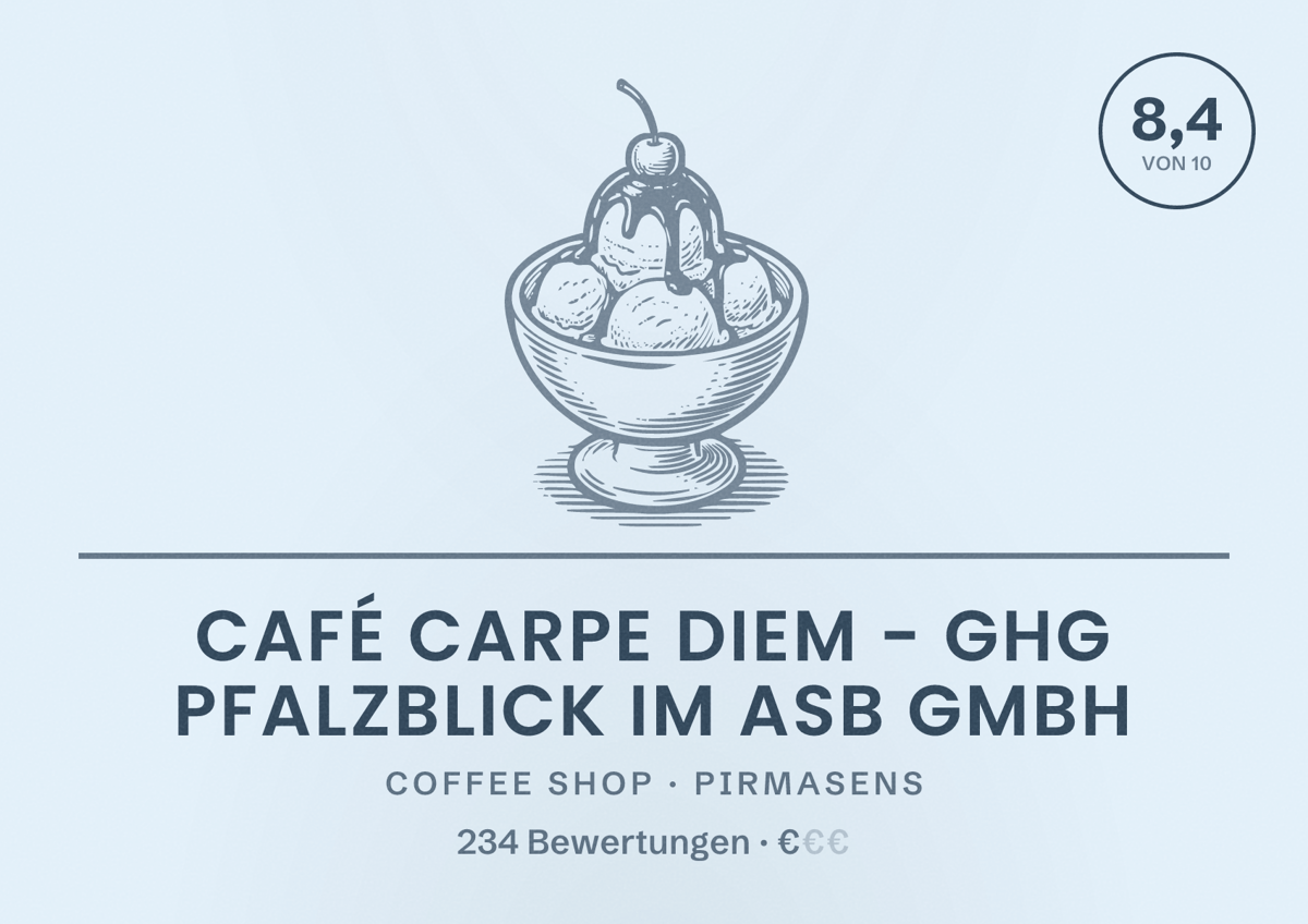 Illustriertes Poster von Café Carpe Diem - GHG Pfalzblick im ASB GmbH, Coffee Shop in Pirmasens: Bewertung 8,4 von 10 aus 234 Bewertungen, Preisniveau €
